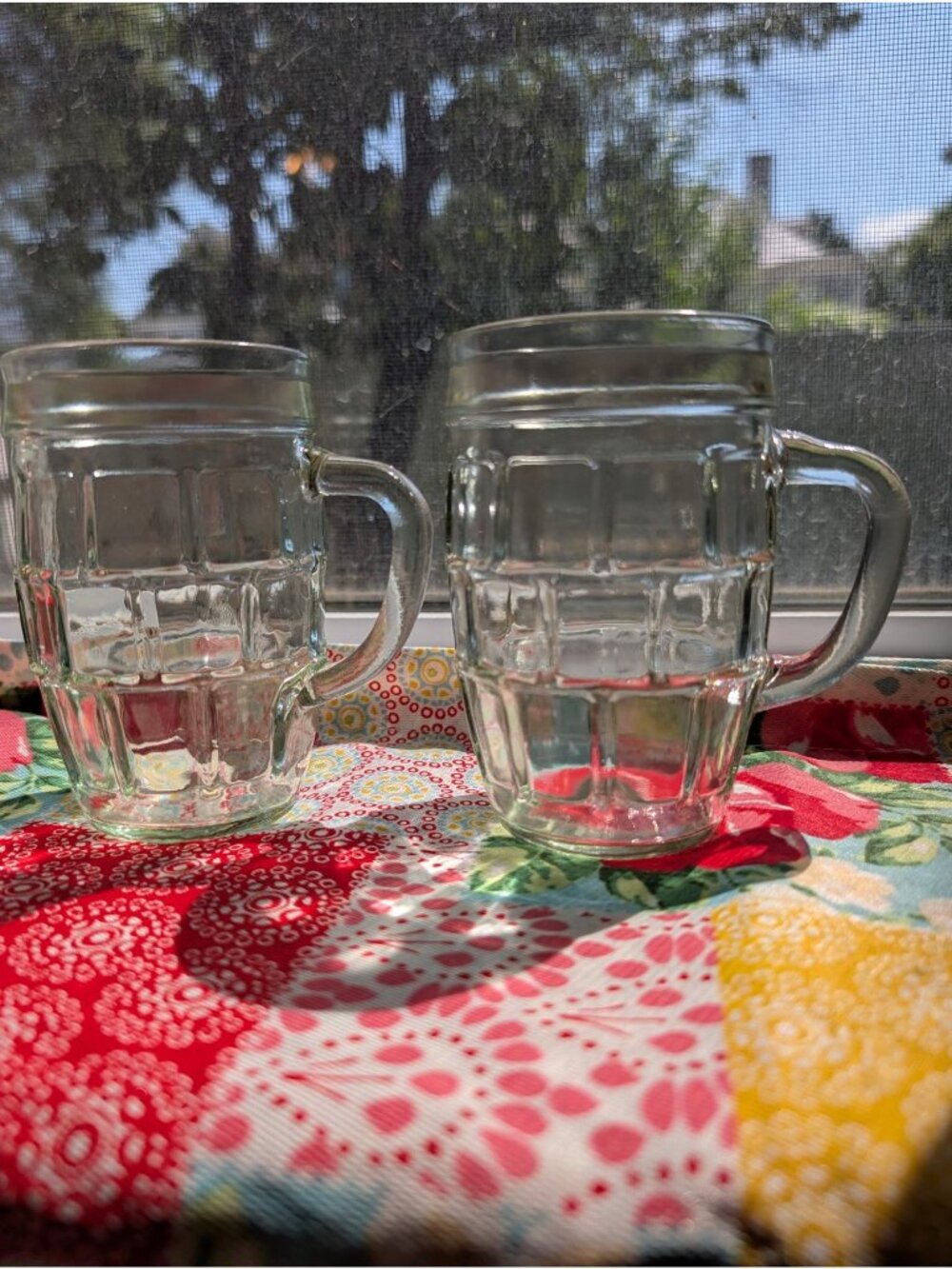 Set of 2 Vintage Paneled Glass Barrel Mug or Beer Stein Mid-century Barware